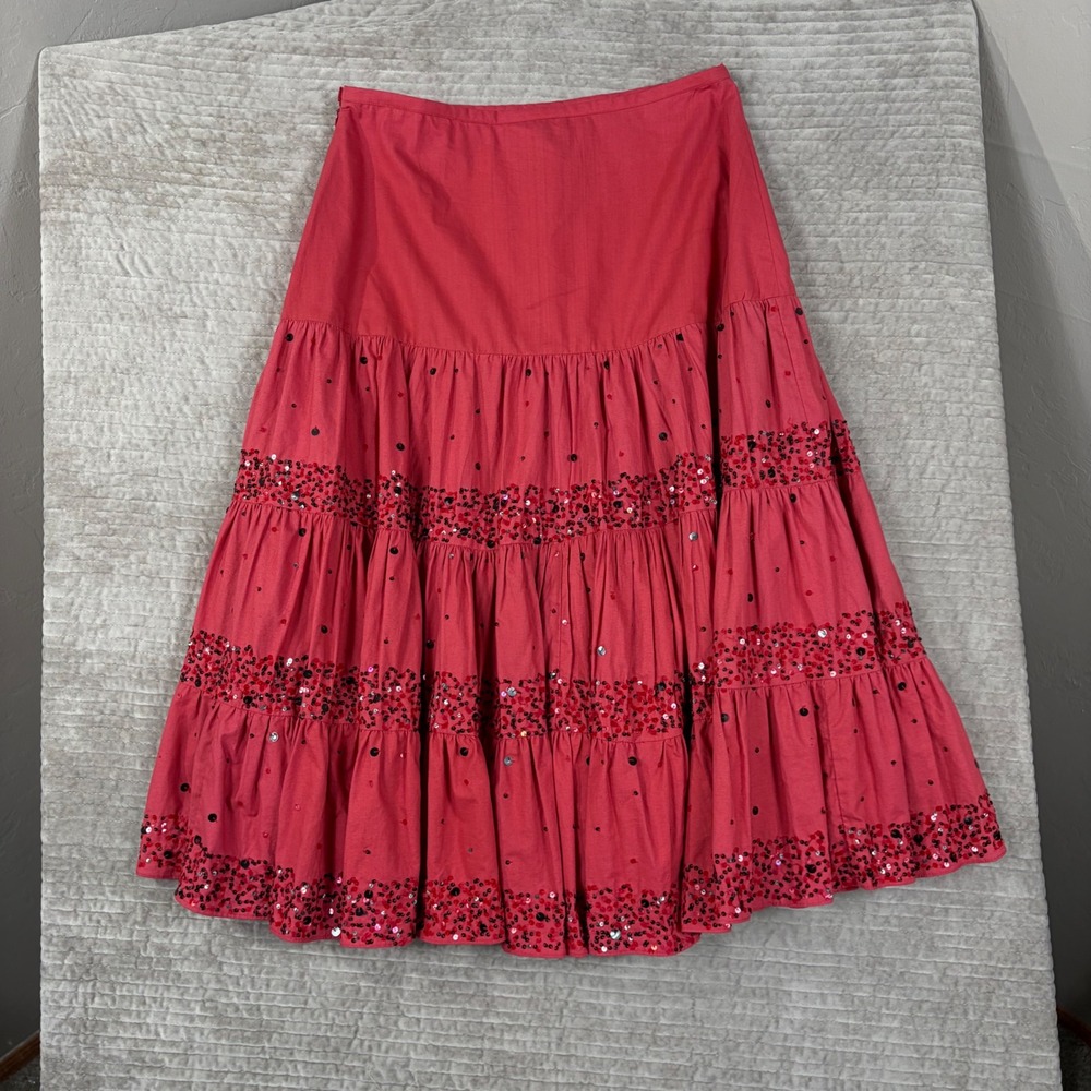 Anage Red Sequin Tiered Maxi Skirt Boho Cotton Ruffle Lined Size 10 - Picture 9 of 10